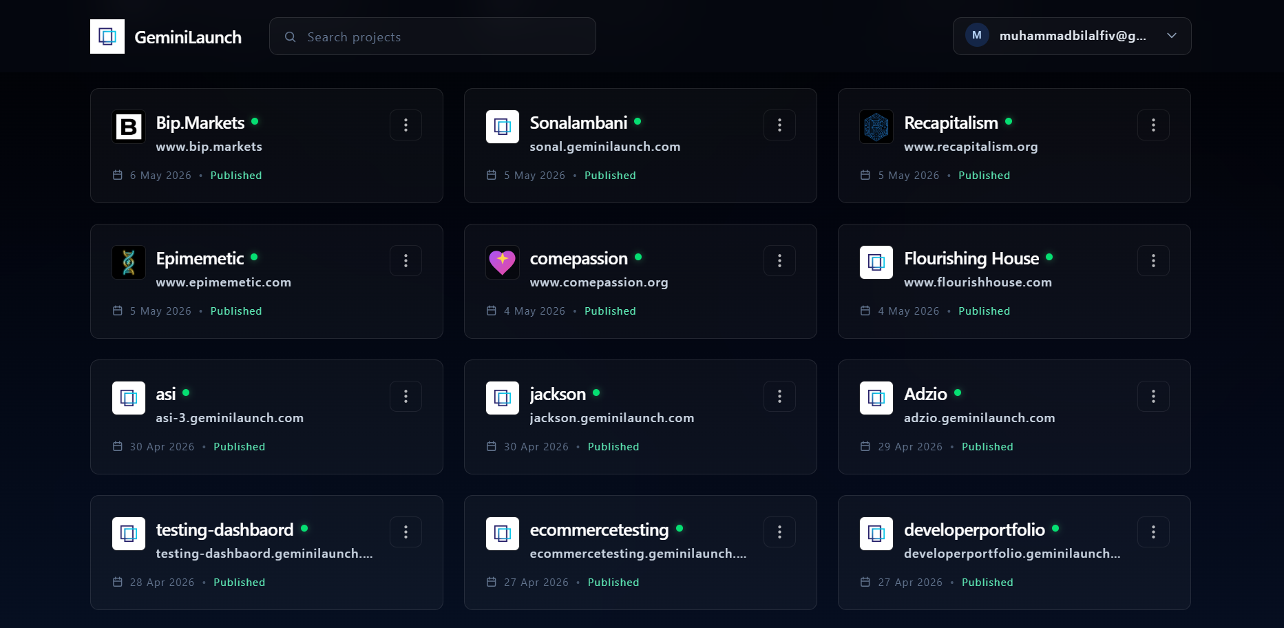 GeminiLaunch dashboard showing multiple published projects with live URLs