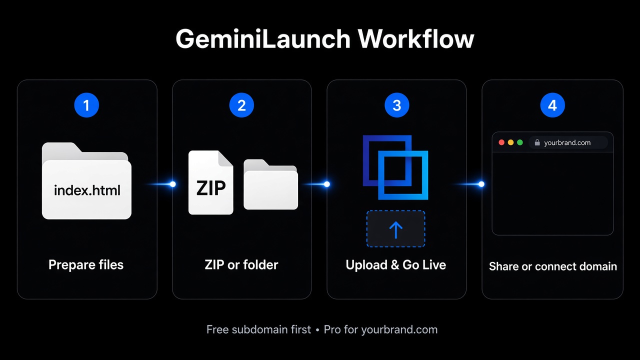 Four steps: prepare files, ZIP or folder, upload to GeminiLaunch, share live URL or custom domain